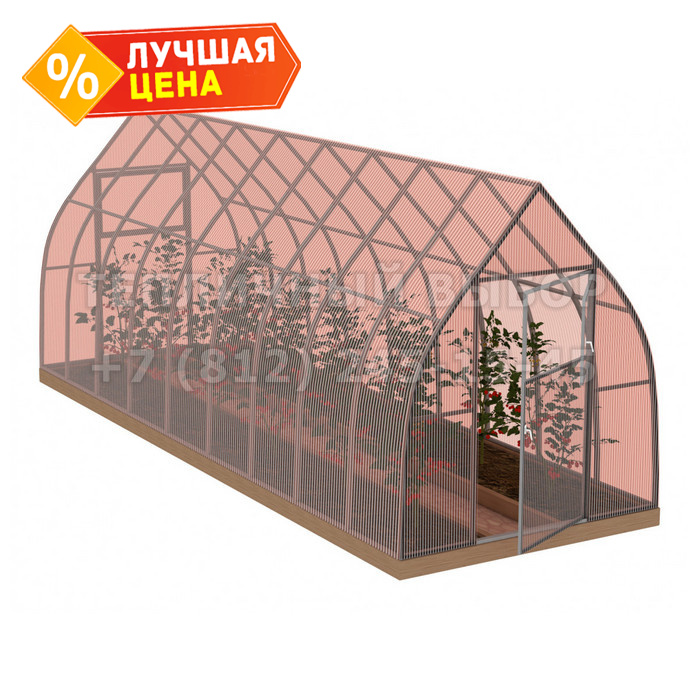 Теплица из поликарбоната-фито Усиленная Капелька 2,1х10 h=2.3 м профиль 25х25 мм